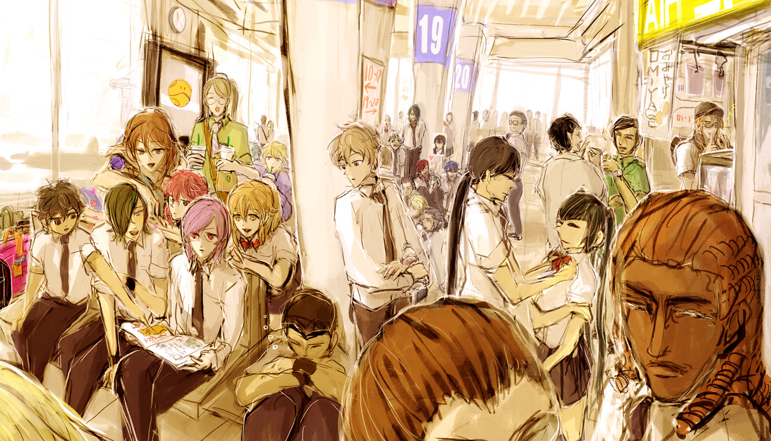 jonsan (zong), allelujah haptism, billy katagiri, christina sierra, daryl dodge, feldt grace, graham aker, haro, hong long, howard mason, lichtendahl tsery, lockon stratos, setsuna f. seiei, sumeragi lee noriega, tieria erde, wang liu mei, gundam, gundam 00, bad id, bad pixiv id, 00s, 6+boys, 6+girls, ^ ^, adjusting clothes, airport, bad anatomy, black hair, blonde hair, brown hair, closed eyes, dark skin, expressionless, glasses, indoors, long hair, multiple boys, multiple girls, neck ribbon, ponytail, poorly drawn, reading, red eyes, ribbon, school uniform, short hair, sitting, sketch, smile, talking, very long hair