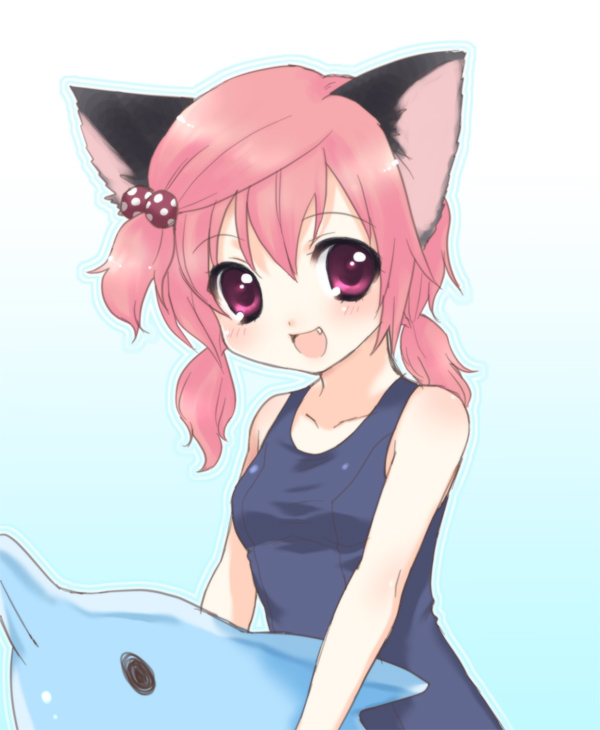 usashiro mani, original, bad id, bad pixiv id, animal ears, cat ears, fang, one-piece swimsuit, school swimsuit, solo, swimsuit
