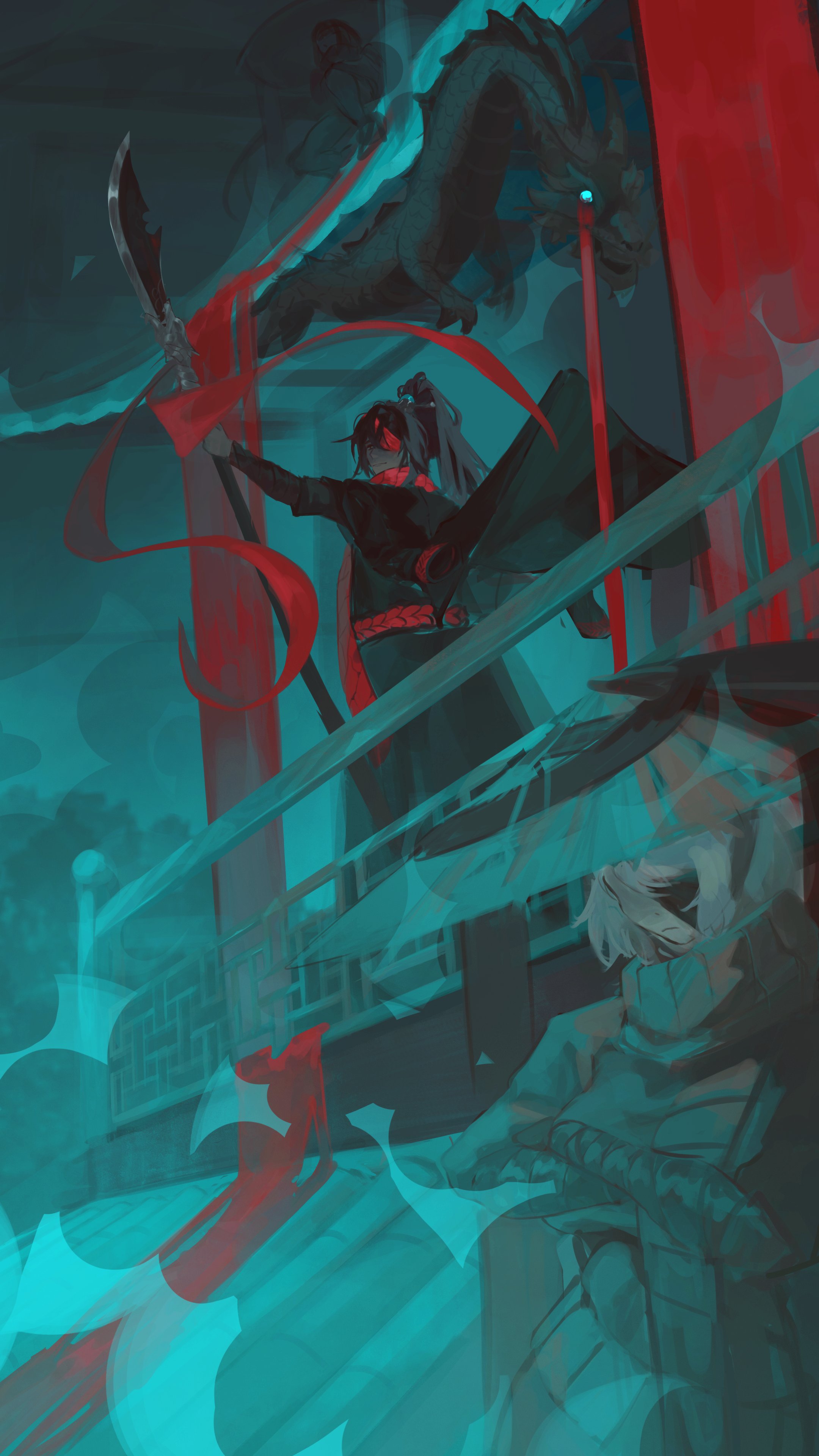faust (project moon), hong lu (project moon), ryoshu (project moon), limbus company, project moon, absurdres, highres, 1boy, 2girls, bandage over one eye, black eyes, black hair, black hanfu, chinese clothes, closed mouth, conical hat, family hierarch candidate (identity) (project moon), full body, gerxest, grey scarf, hand wraps, hanfu, hat, heishou pack-mao branch (identity) (project moon), high ponytail, long hair, looking to the side, male focus, multiple girls, one eye covered, outdoors, ponytail, red ribbon, ribbon, rice hat, scarf, short hair, sitting, standing, upper body, white hair
