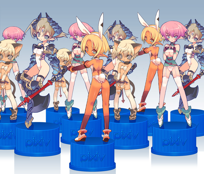 blade (galaxist), original, bad id, bad pixiv id, 6+girls, animal ears, axe, horns, multiple girls, pixiv bottlecap, pointy ears, rabbit ears, tail, weapon