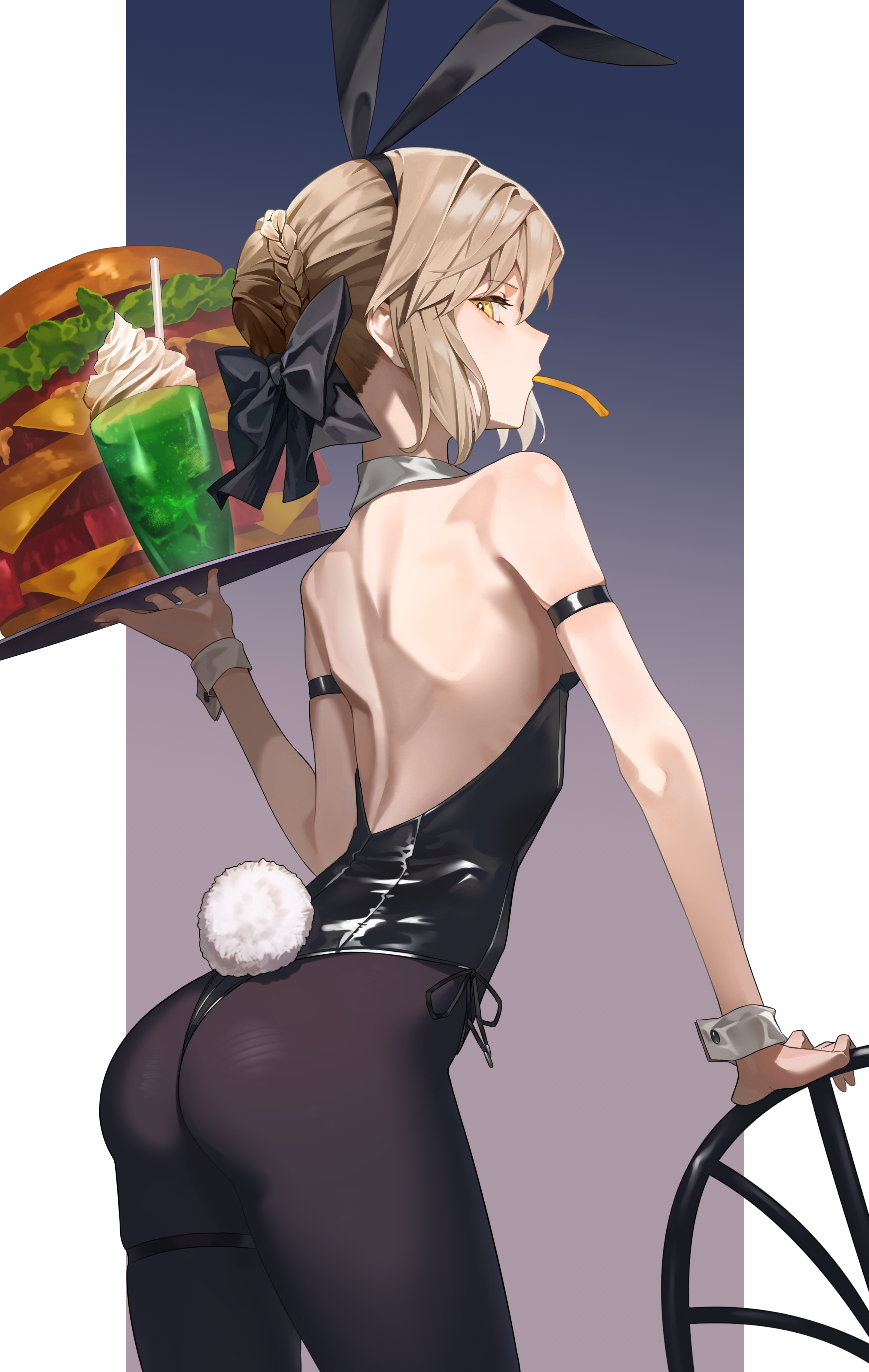 maririri111, artoria pendragon (fate), saber alter, fate/stay night, fate (series), absurdres, commentary request, highres, revision, 1girl, animal ears, ass, back, bare shoulders, black leotard, blonde hair, braid, breasts, brown pantyhose, burger, cup, detached collar, fake animal ears, fake tail, food, hair bun, hair ribbon, highleg, highleg leotard, leotard, long hair, looking at viewer, looking back, medium breasts, melon soda, mouth hold, oversized food, oversized object, pantyhose, playboy bunny, rabbit ears, rabbit tail, ribbon, sidelocks, tail, tray, wrist cuffs, yellow eyes