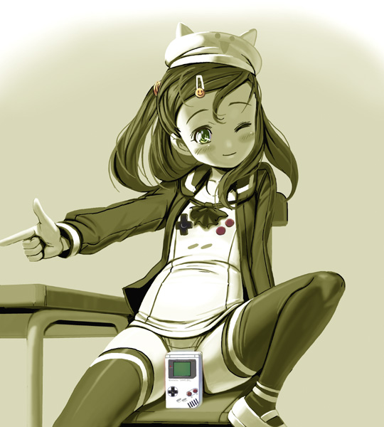 kouno (masao), nintendo, 1girl, female focus, game boy, game boy (original), handheld game console, panties, sitting, solo, spread legs, thighhighs, underwear