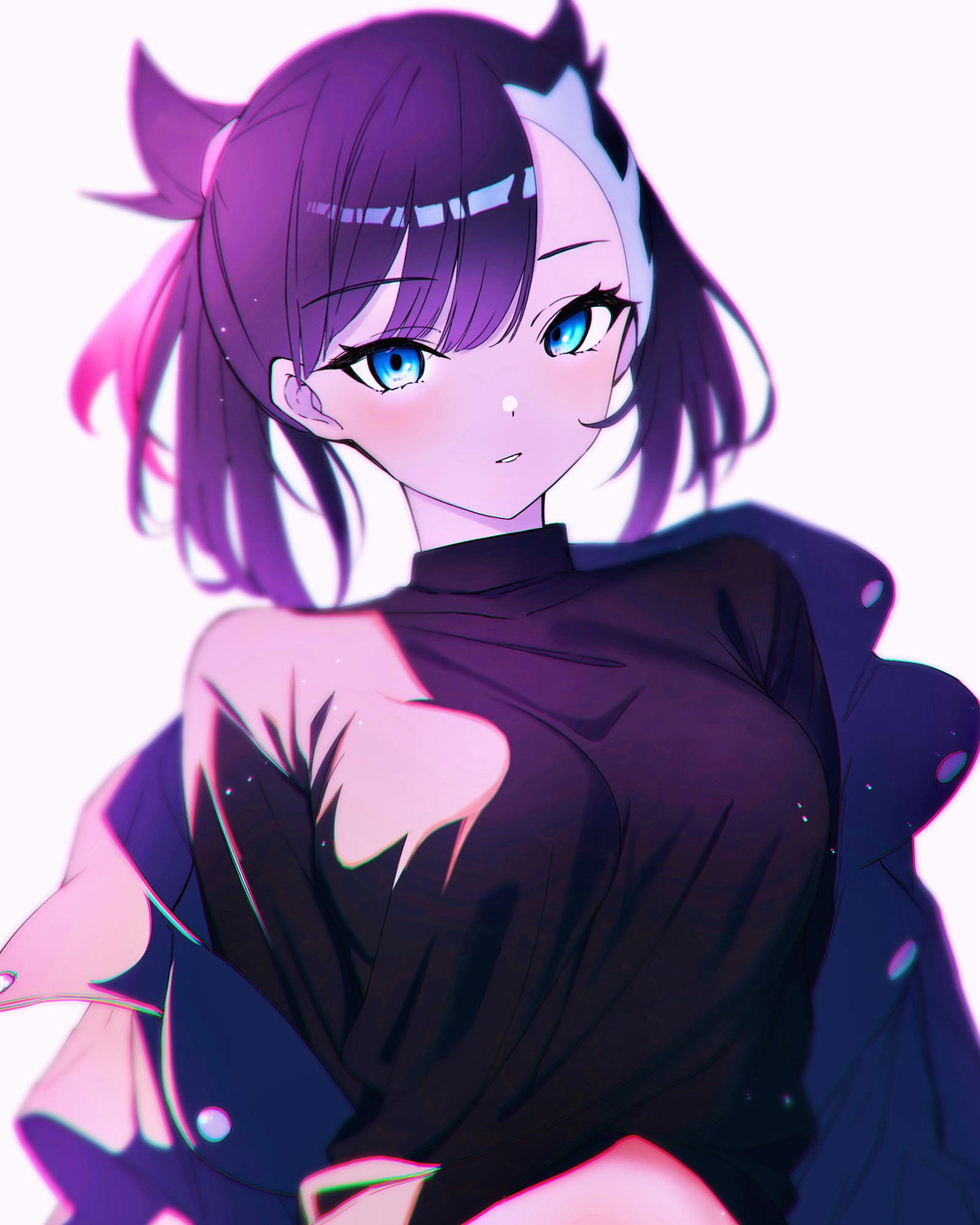 marie (pixiv59672544), marnie (pokemon), nintendo, pokemon, pokemon swsh, highres, 1girl, aged up, asymmetrical bangs, asymmetrical hair, black hair, black jacket, black shirt, blue eyes, blush, breasts, chromatic aberration, hair ribbon, jacket, large breasts, leather, leather jacket, open clothes, open jacket, parted lips, pink light, pink ribbon, ribbon, shirt, solo, sweater, turtleneck, twintails, undercut
