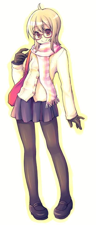 kimarin, original, 1girl, cardigan, female focus, full body, glasses, pantyhose, scarf, solo