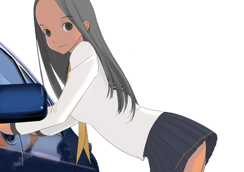 kiriman (souldeep), original, 1girl, bent over, black skirt, brown eyes, brown hair, car, female focus, from side, long sleeves, looking at viewer, looking to the side, motor vehicle, neckerchief, school uniform, serafuku, shirt, simple background, skirt, solo, standing, white background, white shirt