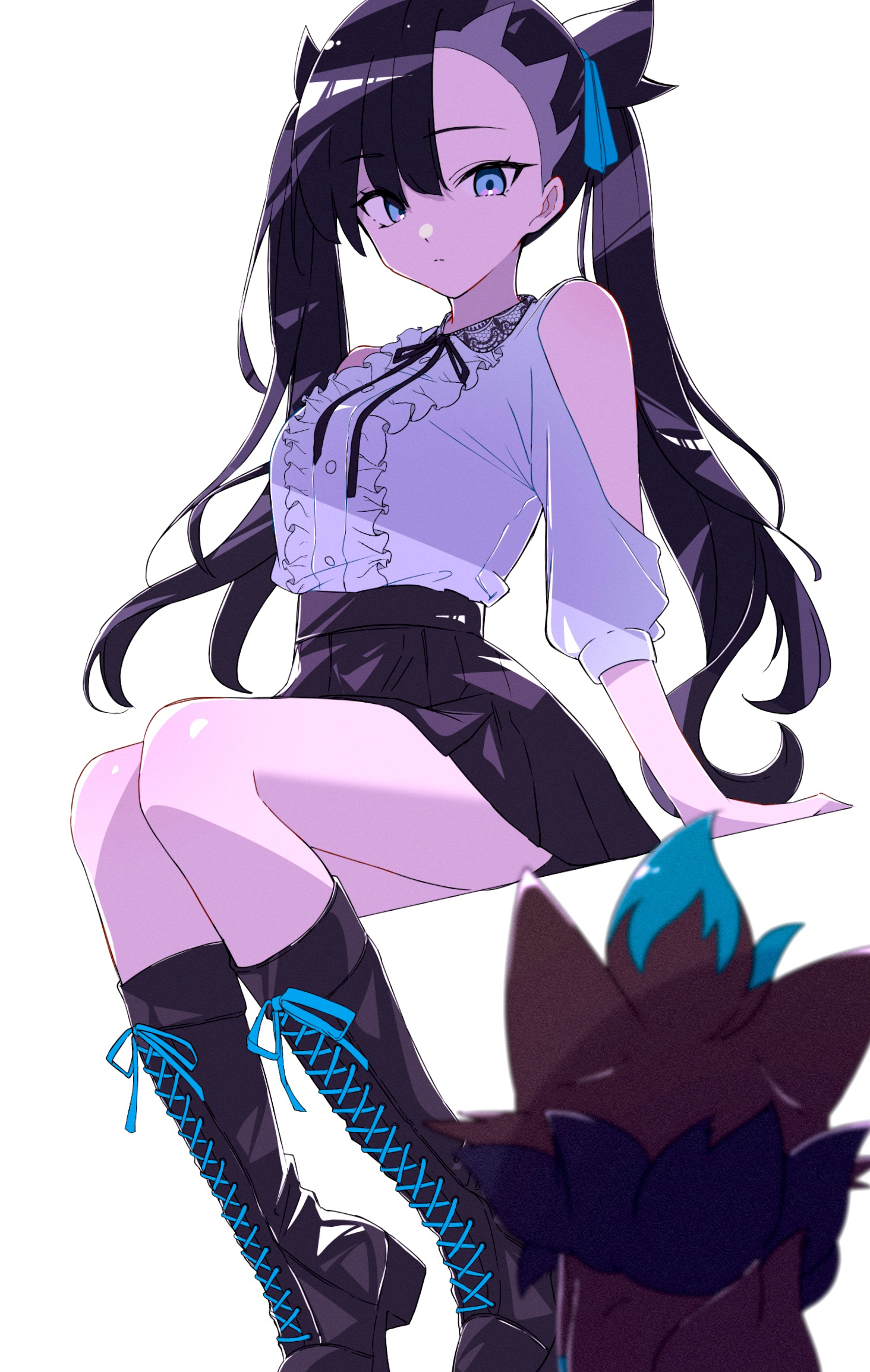 marie (pixiv59672544), marnie (pokemon), zorua, nintendo, pokemon, pokemon swsh, highres, 1girl, alternate color, alternate costume, alternate hair length, alternate hairstyle, arm support, asymmetrical bangs, black hair, blue eyes, blue ribbon, blurry, blurry foreground, boots, buttons, closed mouth, clothing cutout, eyelashes, frilled shirt, frills, gen 5 pokemon, hair ribbon, looking down, pokemon (creature), ribbon, shiny pokemon, shirt, shoulder cutout, simple background, sitting, skirt, twintails, undercut, white background