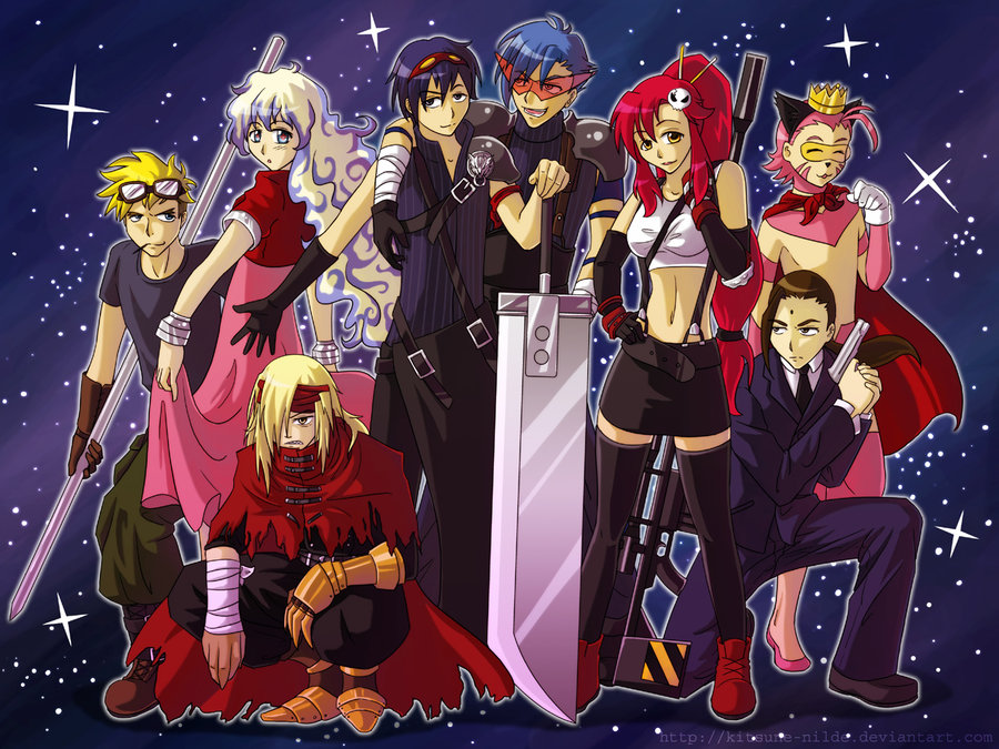 aerith gainsborough, boota (ttgl), cait sith (final fantasy), cid highwind, cloud strife, kamina (ttgl), kittan bachika, nia teppelin, rossiu adai, simon (ttgl), tifa lockhart, tseng, vincent valentine, viral (ttgl), yoko littner, zack fair, final fantasy, final fantasy vii, final fantasy vii advent children, tengen toppa gurren lagann, non-web source, 3girls, 5boys, aerith gainsborough (cosplay), buster sword, cait sith (cosplay), chopsticks, cid highwind (cosplay), cloud strife (cosplay), cosplay, dress, gun, kamina shades, multiple boys, multiple girls, pink dress, sword, thighhighs, tifa lockhart (cosplay), vincent valentine (cosplay), weapon, zack fair (cosplay)