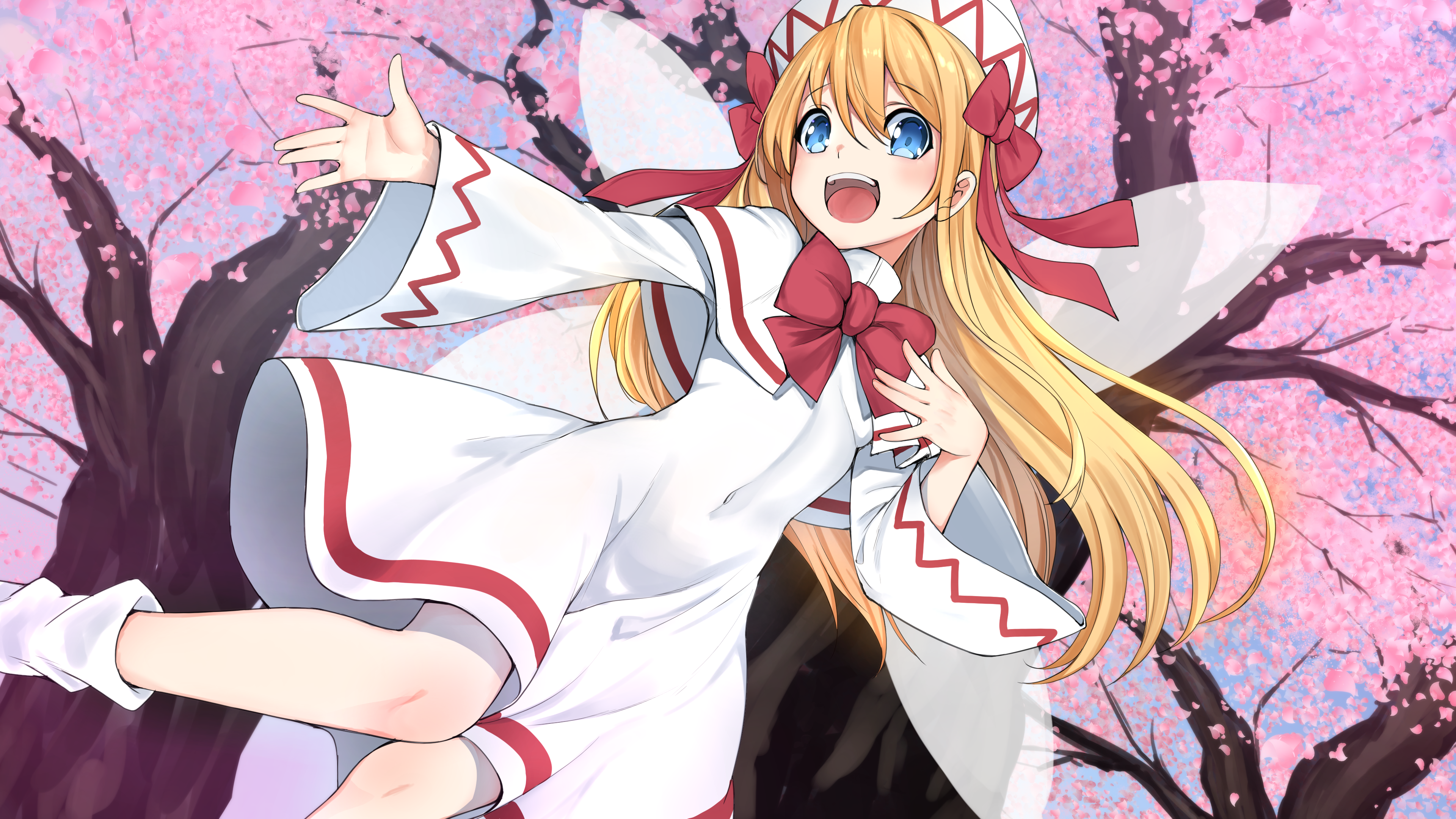 baicha, lily white, touhou, absurdres, bad id, bad pixiv id, commentary request, contest winner, highres, 1girl, :d, blonde hair, blue eyes, blush, bow, bowtie, capelet, cherry blossoms, covered navel, dress, fairy wings, floating hair, hat, hat bow, long hair, long sleeves, open mouth, outdoors, outstretched arm, red bow, red bowtie, smile, socks, solo, teeth, tree, upper teeth only, white capelet, white dress, white hat, white socks, wide sleeves, wings