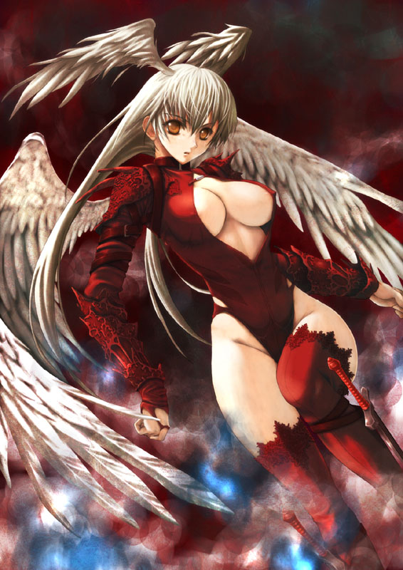 araki maki, ultima (fft), final fantasy, final fantasy tactics, original, lace-trimmed legwear, silver hair, 1girl, angel wings, areola slip, arm strap, armor, breasts, bridal gauntlets, buckle, center opening, cleavage, cleavage cutout, clenched hands, clothing cutout, collar, covered erect nipples, dutch angle, fantasy, female focus, groin, hair between eyes, head wings, highleg, highleg leotard, hip focus, holster, lace, lace trim, large breasts, legs, leotard, long hair, long legs, looking at viewer, low twintails, narrow waist, nipple slip, nipples, no bra, orange eyes, parted lips, red eyes, red leotard, solo, sword, thigh holster, thigh strap, thighhighs, thighs, turtleneck, twintails, vambraces, very long hair, weapon, white wings, wings, yellow eyes