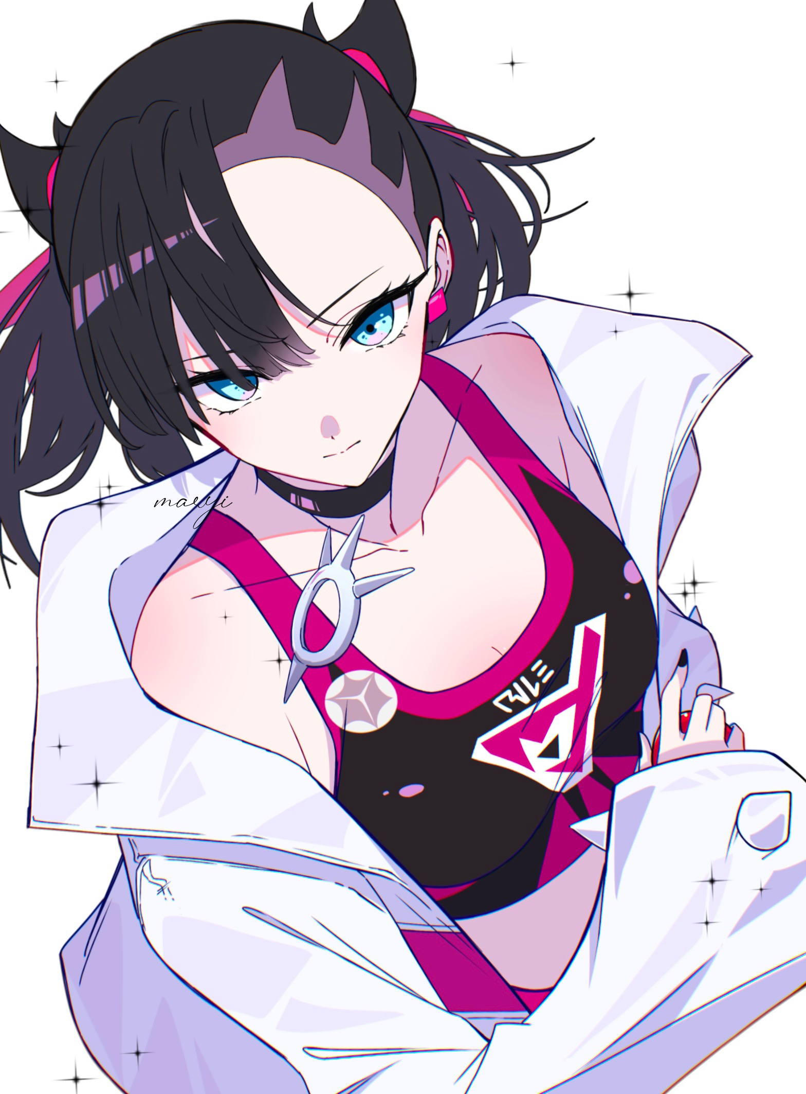marie (pixiv59672544), marnie (pokemon), nintendo, pokemon, pokemon swsh, commentary request, highres, 1girl, aqua eyes, asymmetrical bangs, black choker, black hair, black nails, breasts, choker, cleavage, collarbone, floating hair, hair ribbon, jacket, looking at viewer, midriff, open clothes, open jacket, ribbon, simple background, small breasts, solo, sports bra, twintails, undercut, upper body, white background, white jacket