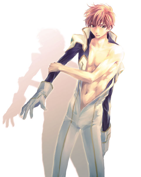 kururugi suzaku, code geass, pilot suit, non-web source, 00s, 1boy, abs, bodysuit, brown hair, dressing, gloves, green eyes, male focus, navel, open clothes, open shirt, shirt, solo, undressing