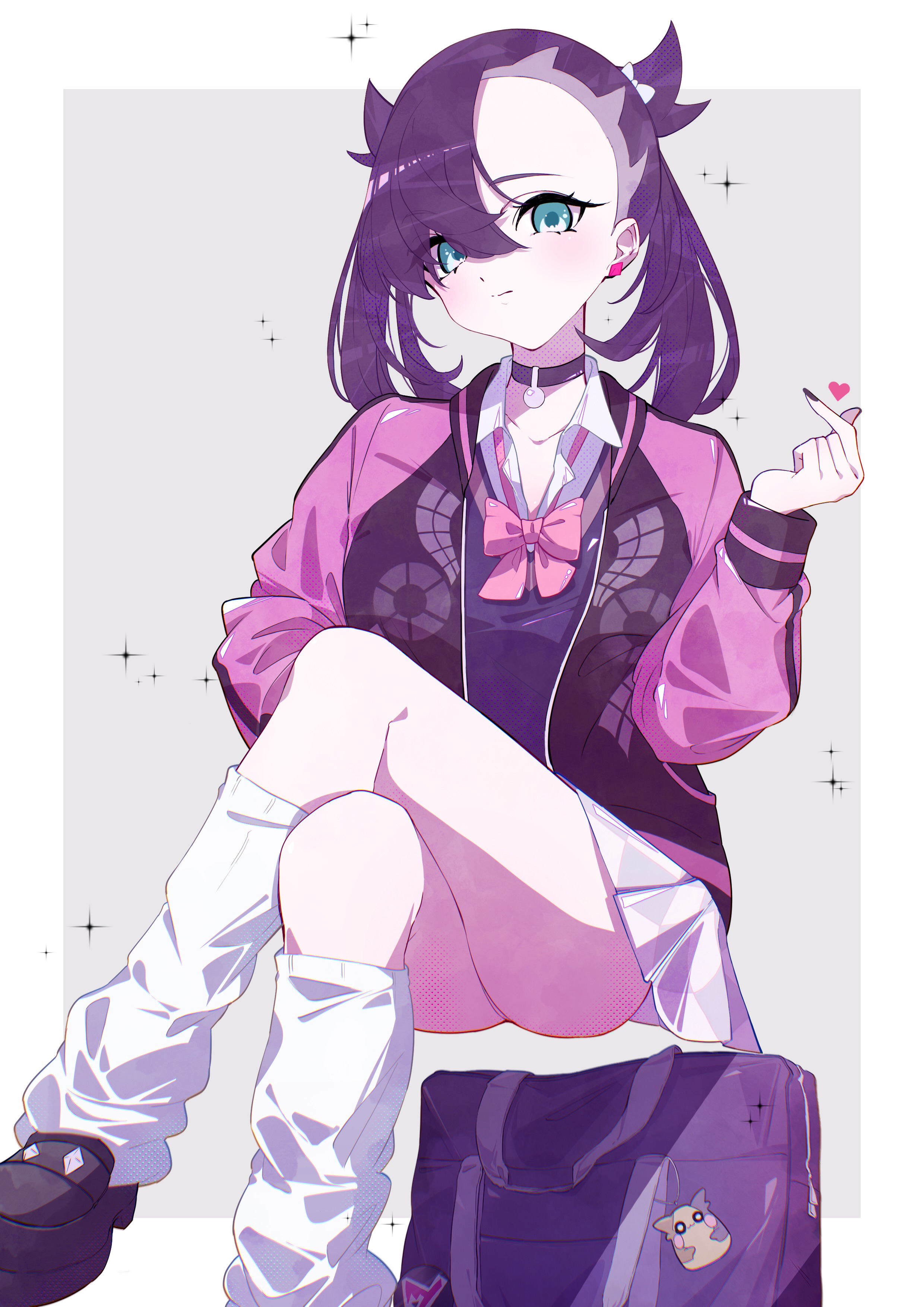 marie (pixiv59672544), marnie (academy) (pokemon), marnie (pokemon), nintendo, pokemon, pokemon masters ex, absurdres, highres, 1girl, asymmetrical bangs, black hair, black nails, bow, choker, closed mouth, green eyes, hair bow, hair ribbon, jacket, long sleeves, looking at viewer, official alternate costume, ribbon, school uniform, shirt, skirt, solo, twintails, white shirt