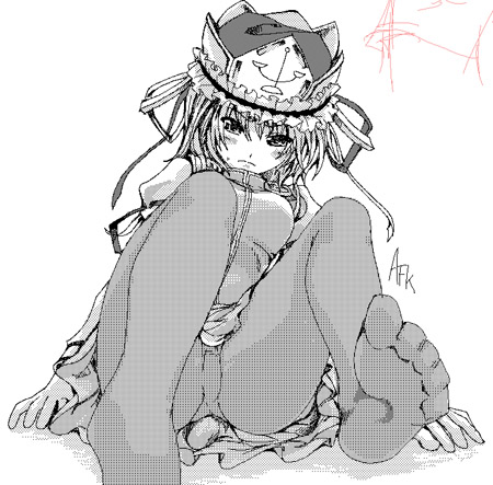 chado, shiki eiki, touhou, lowres, 1girl, feet, female focus, foot focus, monochrome, panties, panties under pantyhose, pantyhose, sitting, solo, underwear, upskirt