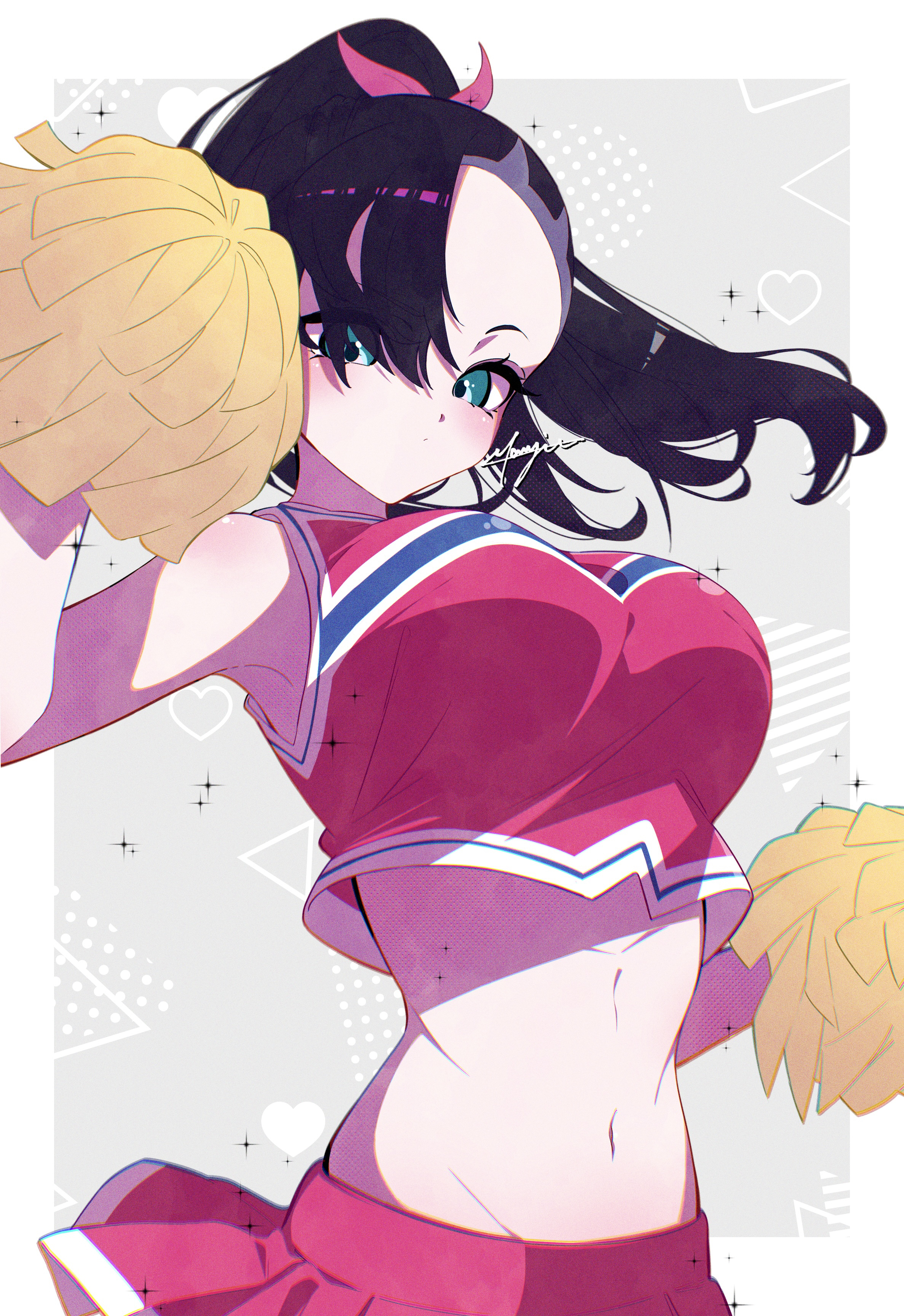 marie (pixiv59672544), marnie (pokemon), nintendo, pokemon, pokemon swsh, absurdres, highres, 1girl, alternate breast size (larger), black hair, blush, breasts, cheerleader, closed mouth, crop top, green eyes, hair ribbon, holding, large breasts, looking at viewer, midriff, navel, pink shirt, pink skirt, pom pom (cheerleading), ponytail, red ribbon, ribbon, shirt, simple background, skirt, solo, upper body, white background
