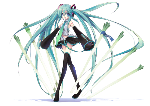 mugen dai, hatsune miku, vocaloid, lowres, bare shoulders, black thighhighs, blue eyes, blue hair, boots, detached sleeves, long hair, necktie, skirt, solo, spring onion, thigh boots, thighhighs, thighs, transparent background, twintails, very long hair, zettai ryouiki