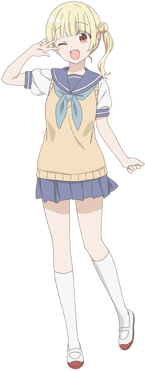 nakamura naoto, kao ni denai kashiwada-san to kao ni deru oota-kun, highres, official art, 1girl, :d, anime coloring, blonde hair, blue neckerchief, blue skirt, blunt bangs, brown eyes, brown sweater vest, clenched hand, fang, full body, hair bun, hand up, long hair, looking at viewer, neckerchief, odajima-san, one eye closed, open mouth, pleated skirt, puffy short sleeves, puffy sleeves, sailor collar, school uniform, serafuku, shoes, short sleeves, side ponytail, simple background, single hair bun, skirt, smile, socks, solo, standing, sweater vest, tachi-e, transparent background, very long hair, white shoes, white socks
