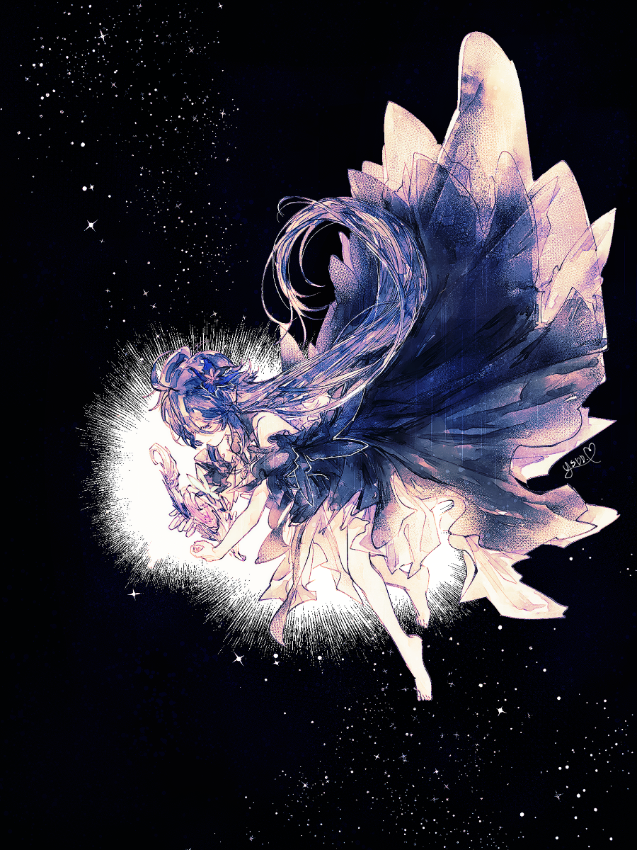 laby (elsword), nisha labyrinth (elsword), elsword, highres, 1girl, ahoge, barefoot, dress, flower, frills, hair between eyes, hair flower, hair ornament, hugging object, long hair, mirror, puffy sleeves, purple dress, purple eyes, ysdd p