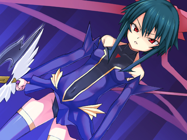gin (ginshari), kagano ai, mahou shoujo ai, 00s, 1girl, angry, black panties, blue hair, detached sleeves, dress, dutch angle, female focus, flat chest, hair ribbon, magical girl, navel, panties, pantyshot, polearm, purple thighhighs, red eyes, ribbon, short dress, short hair, solo, spear, thighhighs, turtleneck, underwear, weapon, zettai ryouiki