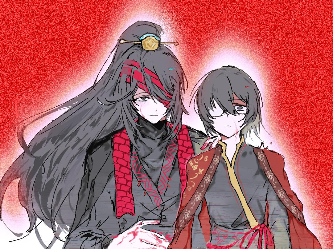 hong lu (project moon), yi sang (project moon), limbus company, project moon, 2boys, bandage over one eye, black eyes, black hair, black hanfu, black sweater, chinese clothes, coat, coat on shoulders, family hierarch candidate (identity) (project moon), glasses, hanfu, high ponytail, long hair, looking at viewer, male focus, multiple boys, ponytail, red background, red coat, rope belt, simple background, stole, sweater, upper body, zhugemind