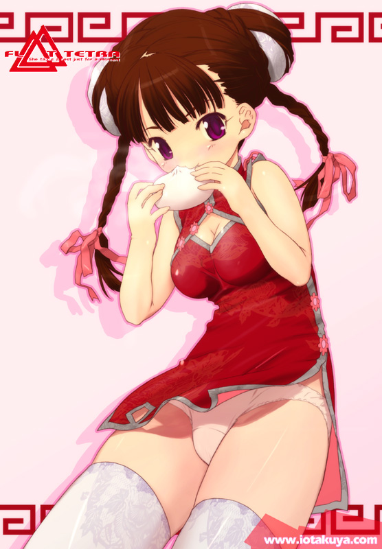 io takuya, bare shoulders, blush, braid, china dress, chinese clothes, dress, panties, solo, thighhighs, twin braids, underwear, upskirt, white thighhighs