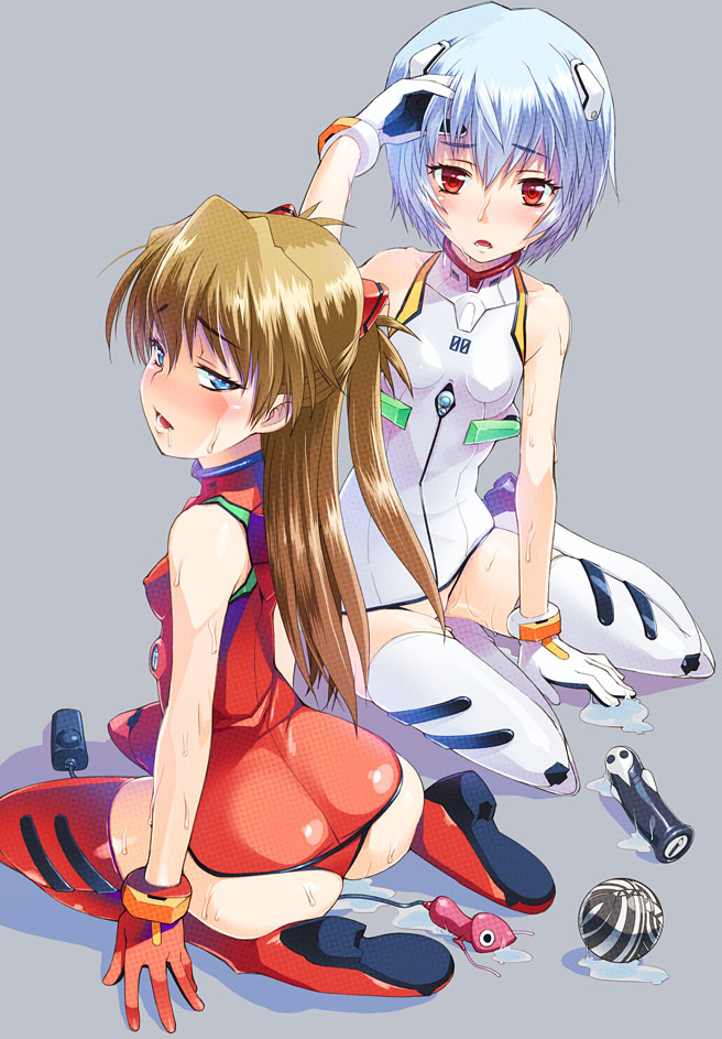 asaki takayuki, angel (evangelion), ayanami rei, leliel (evangelion), sachiel (evangelion), shamshel (evangelion), souryuu asuka langley, neon genesis evangelion, pilot suit, red legwear, white legwear, textless version, 2girls, adapted costume, arm support, ass, ball, bare shoulders, blue eyes, blue hair, blush, bottomless, bracer, breasts, brown hair, censored, convenient censoring, covered erect nipples, dildo, from side, full body, gloves, groin, hair between eyes, hair censor, half-closed eyes, halftone, halterneck, hand on own head, headgear, interface headset (evangelion), leotard, long hair, looking at viewer, looking back, mecha pilot suit, multiple girls, open mouth, plugsuit (evangelion), pussy juice, pussy juice puddle, raised eyebrows, red eyes, red leotard, remote control vibrator, saliva, seiza, sex toy, shadow, short hair, simple background, sitting, small breasts, sweat, thighhighs, turtleneck, two side up, vibrator, yokozuwari