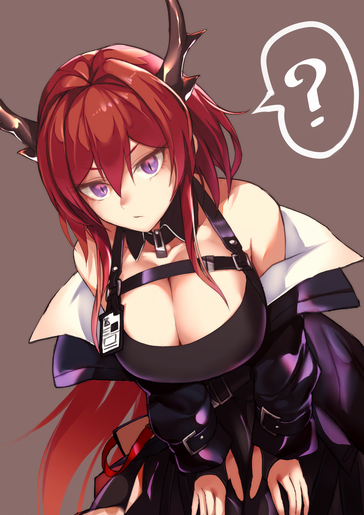 ito (i too04), surtr (arknights), arknights, highres, 1girl, ?, bare shoulders, black dress, breasts, chest strap, cleavage, closed mouth, demon girl, demon horns, detached collar, dress, hair between eyes, hair intakes, hands on own thighs, horns, large breasts, long hair, looking at viewer, off shoulder, purple eyes, red hair, simple background, slit pupils, solo, spoken question mark