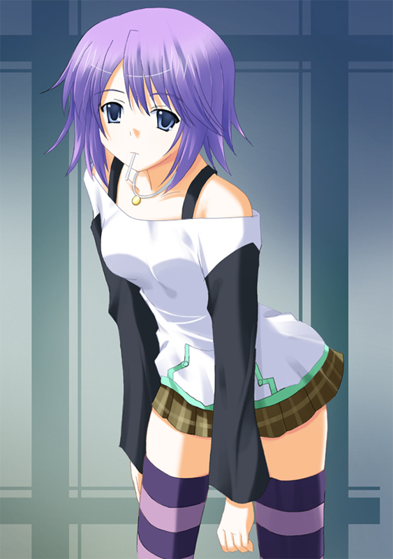 odaya, odayan, shirayuki mizore, rosario+vampire, 00s, 1girl, blue eyes, candy, female focus, food, jewelry, lollipop, necklace, purple hair, skirt, solo, striped clothes, striped thighhighs, thighhighs, zettai ryouiki