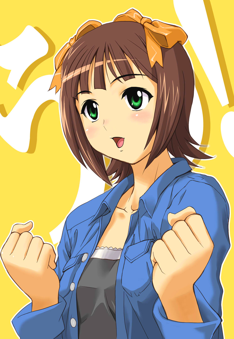 g-tetsu, amami haruka, idolmaster, idolmaster (classic), 00s, 1girl, :d, black shirt, blue shirt, blush, bow, brown hair, buttons, clenched hand, clenched hands, collarbone, female focus, green eyes, hair ribbon, jacket, long sleeves, open clothes, open jacket, open mouth, ribbon, shirt, short hair, smile, solo, t-shirt, tareme, unbuttoned, upper body