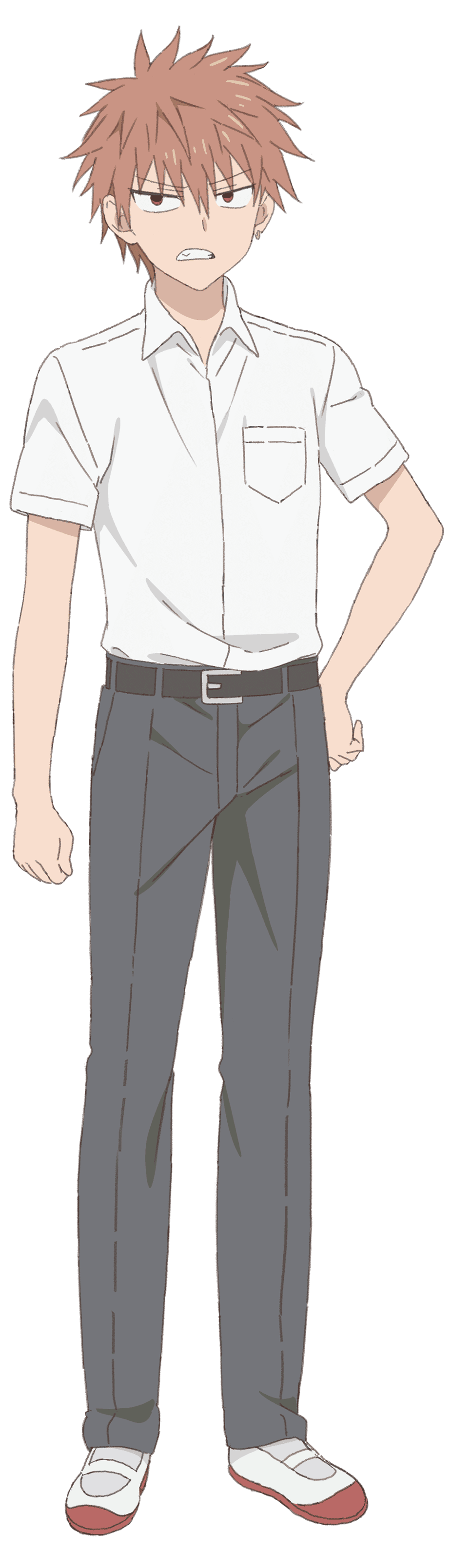 nakamura naoto, kao ni denai kashiwada-san to kao ni deru oota-kun, absurdres, highres, official art, 1boy, anime coloring, belt, black belt, brown eyes, brown hair, collared shirt, earrings, full body, grey pants, jewelry, looking at viewer, oota-kun, open mouth, pants, school uniform, shirt, shoes, short hair, short sleeves, simple background, solo, spiked hair, standing, tachi-e, teeth, transparent background, v-shaped eyebrows, white shirt, white shoes