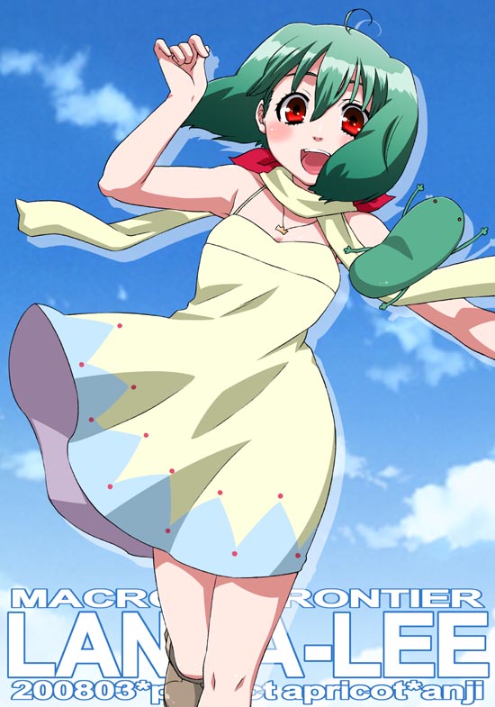 iuro, kuroo (project apricot), oosanshouuo-san, ranka lee, macross, macross frontier, 00s, 1girl, :d, m/, ahoge, arm up, armpits, bare shoulders, blush, boots, character name, cloud, copyright name, dated, day, dress, flat chest, green eyes, green hair, hair between eyes, hair ribbon, jewelry, leg lift, looking at viewer, necklace, open mouth, outdoors, outstretched arm, polka dot, red eyes, ribbon, running, salamander, scarf, shadow, short hair, sky, smile, standing, sundress, wind, wind lift, yellow dress