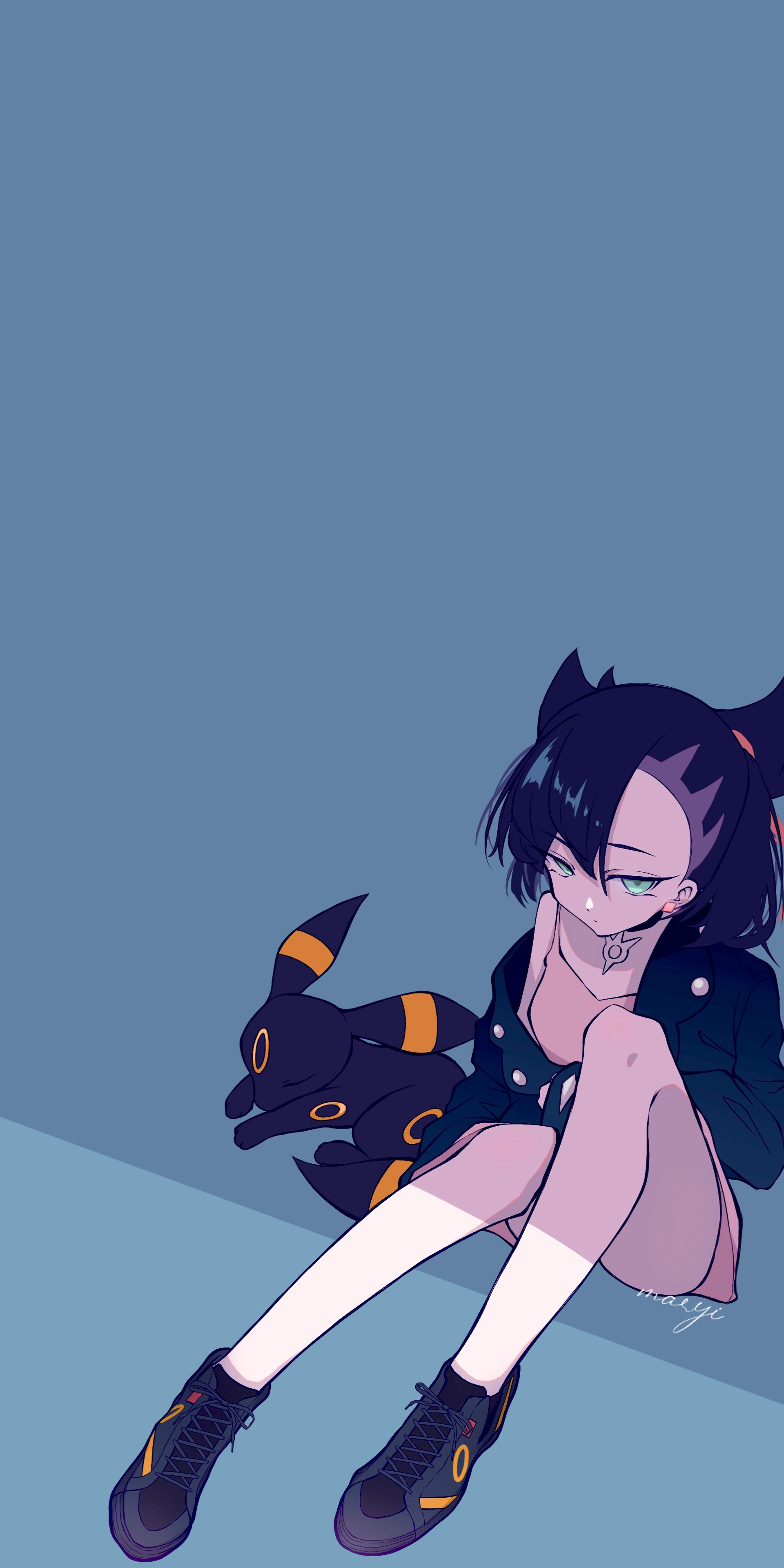 marie (pixiv59672544), marnie (pokemon), umbreon, nintendo, pokemon, pokemon swsh, absurdres, commentary request, highres, 1girl, aqua background, asymmetrical bangs, bare legs, black choker, black hair, black jacket, black shoes, choker, dress, earrings, expressionless, from above, gen 2 pokemon, green eyes, hair ribbon, jacket, jewelry, looking at viewer, medium hair, pink dress, pokemon (creature), ribbon, shoes, short dress, sitting, sleeping, sneakers, undercut