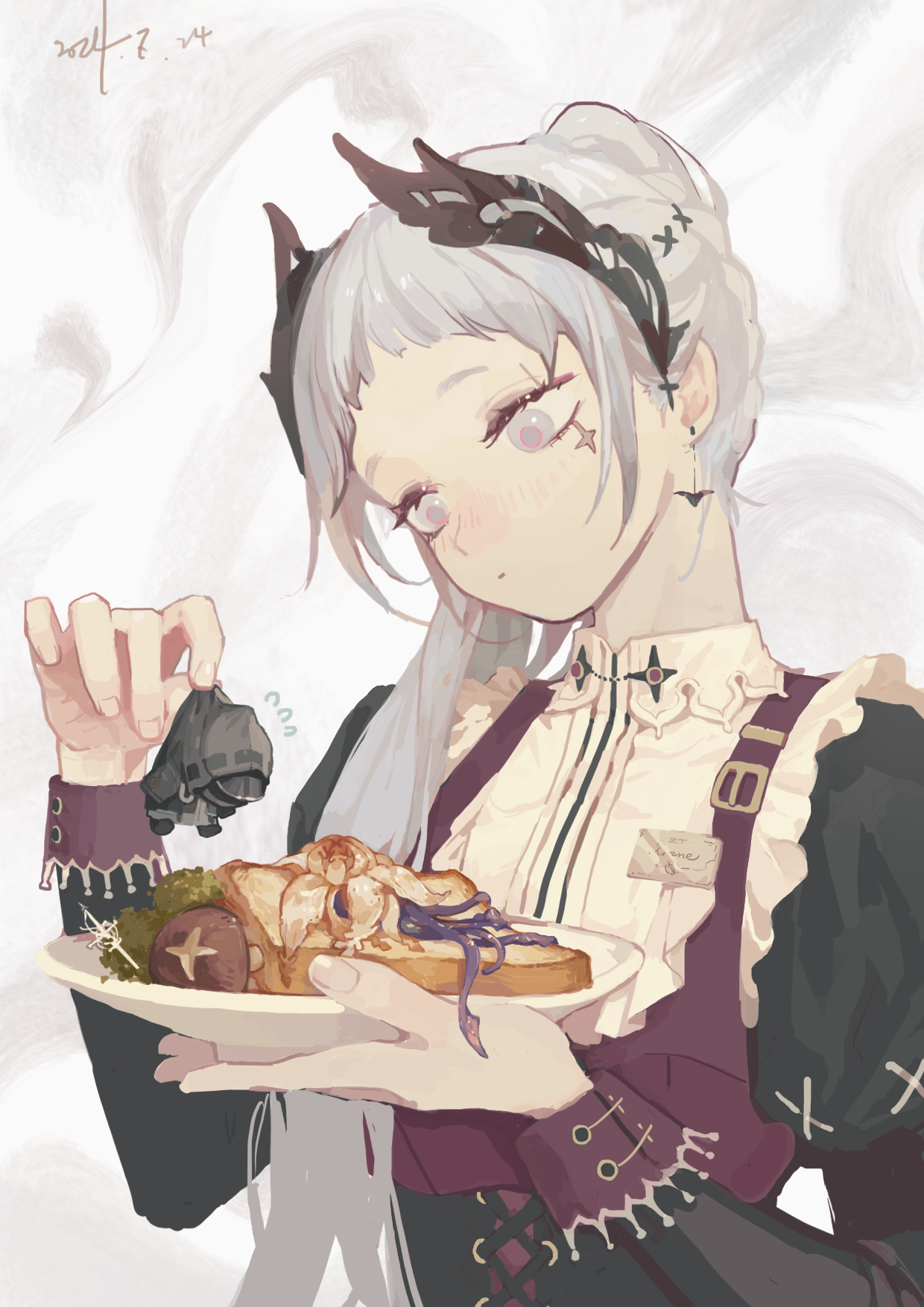 liuz, doctor (arknights), irene (arknights), seaborn (arknights), arknights, chinese commentary, commentary request, highres, 1girl, 1other, alternate costume, apron, basin sea reaper (arknights), black coat, black sleeves, bread, broccoli, coat, dated, earrings, fingernails, food, grey eyes, grey hair, head wings, holding, holding mini person, hood, hood up, hooded coat, jewelry, mini person, mushroom, name tag, scar, scar across eye, scar on face, size difference, sleeve cuffs, sword, weapon, wings