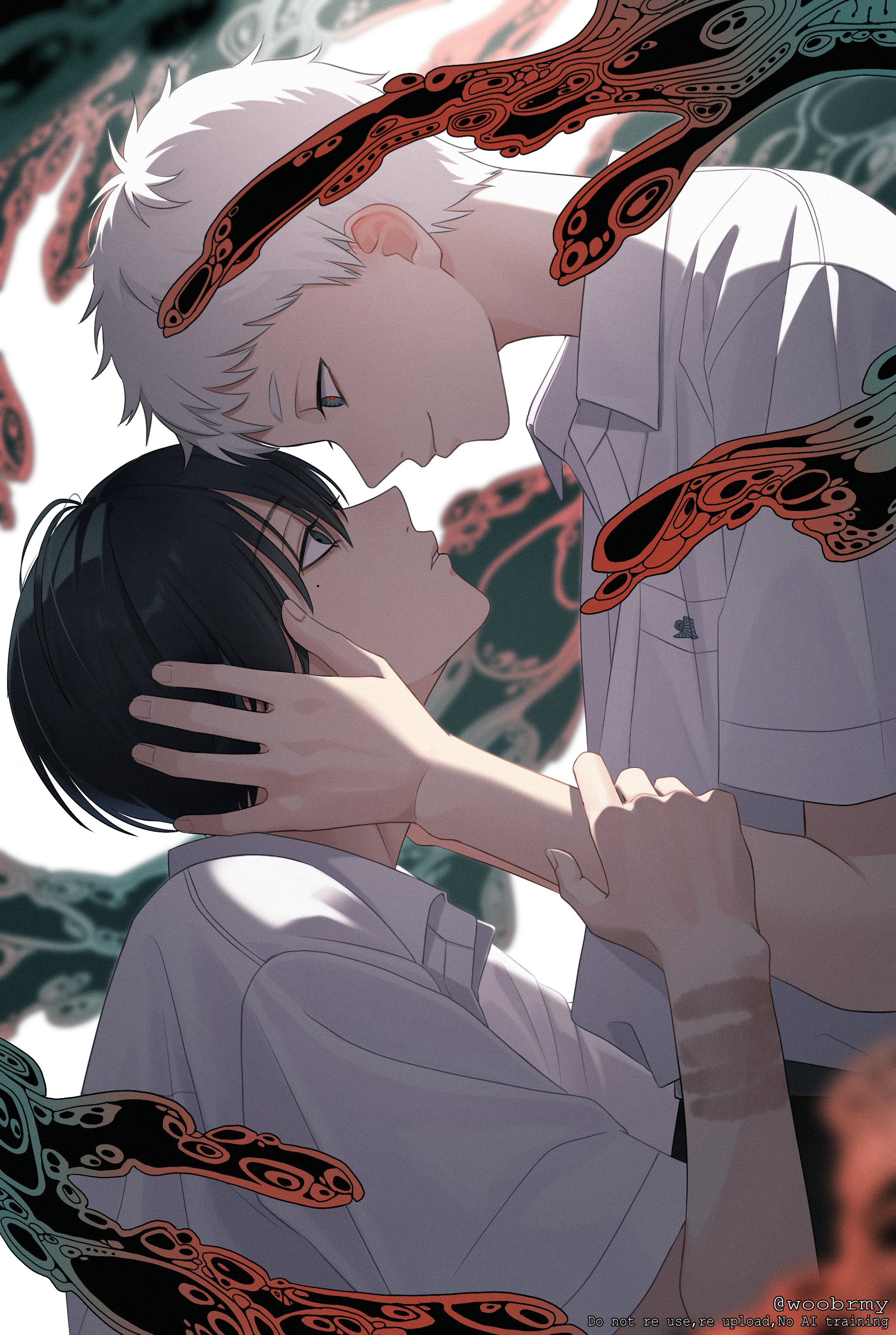 yugake (mrnmrm), indou hikaru, tsujinaka yoshiki, hikaru ga shinda natsu, absurdres, highres, 2boys, black hair, collared shirt, handprint, male focus, mole, mole under eye, multiple boys, pants, school uniform, shirt, shirt tucked in, short hair, short sleeves, smile, white hair, white shirt, yaoi