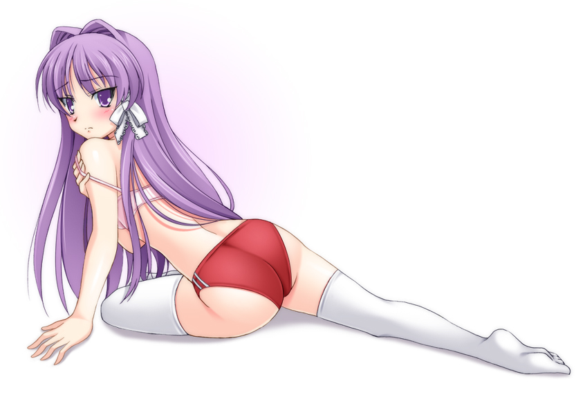 narutaki shin, fujibayashi kyou, clannad, toe-point, 00s, 1girl, arm support, ass, back, bare shoulders, blush, bra, breasts, buruma, feet, female focus, from behind, hair intakes, hair ribbon, kneeling, lingerie, long hair, looking at viewer, looking back, medium breasts, pink bra, purple eyes, purple hair, red buruma, ribbon, solo, thighhighs, underwear, undressing, white background, white thighhighs