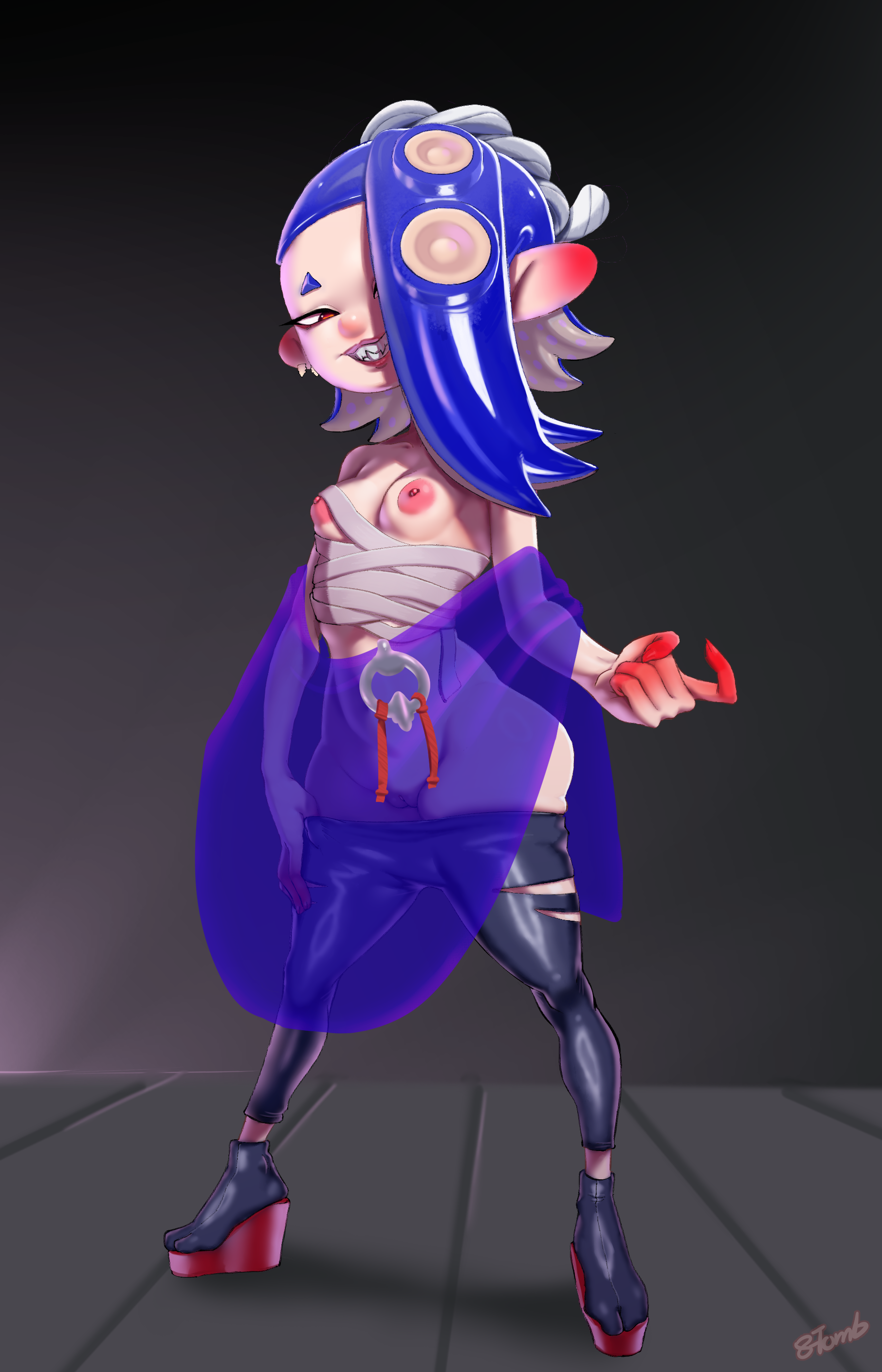 8-tomb, shiver (splatoon), splatoon (series), splatoon 3, 1girl, bandages, bare shoulders, black background, black pants, blue hair, breasts, clothes pull, ear piercing, full body, gradient background, grin, long hair, medium breasts, nipples, pants, pants pull, piercing, platform heels, pussy, red eyes, see-through clothes, sharp teeth, smile, solo, standing, teeth, tentacle hair, topless female, torn clothes, uncensored