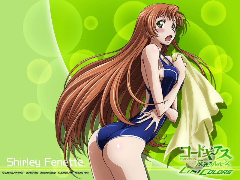 shirley fenette, code geass, code geass: lost colors, 00s, 1girl, ass, blush, breasts, brown hair, female focus, green eyes, long hair, medium breasts, one-piece swimsuit, open mouth, school swimsuit, sideboob, solo, swimsuit, towel