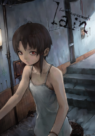 yuzu (yuzu nooto), iwakura lain, serial experiments lain, 1990s (style), 1girl, brown hair, chemise, cowboy shot, female focus, hair ornament, hairclip, red eyes, short hair, solo, standing, tank top