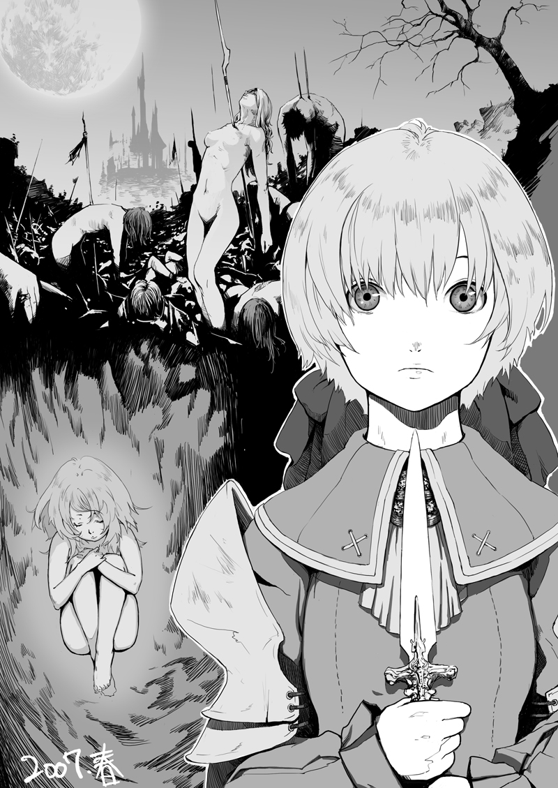yuzu (yuzu nooto), original, death, fetal position, greyscale, knife, monochrome, moon, nude, plantar flexion, polearm, short hair, spear, weapon