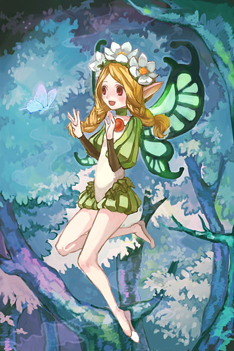 eihi, mercedes (odin sphere), odin sphere, bad id, bad pixiv id, 1girl, blonde hair, bug, butterfly, butterfly wings, fairy, female focus, flower, flying, forest, hair flower, hair ornament, insect, insect wings, nature, puff and slash sleeves, puffy sleeves, red eyes, solo, tree, wings