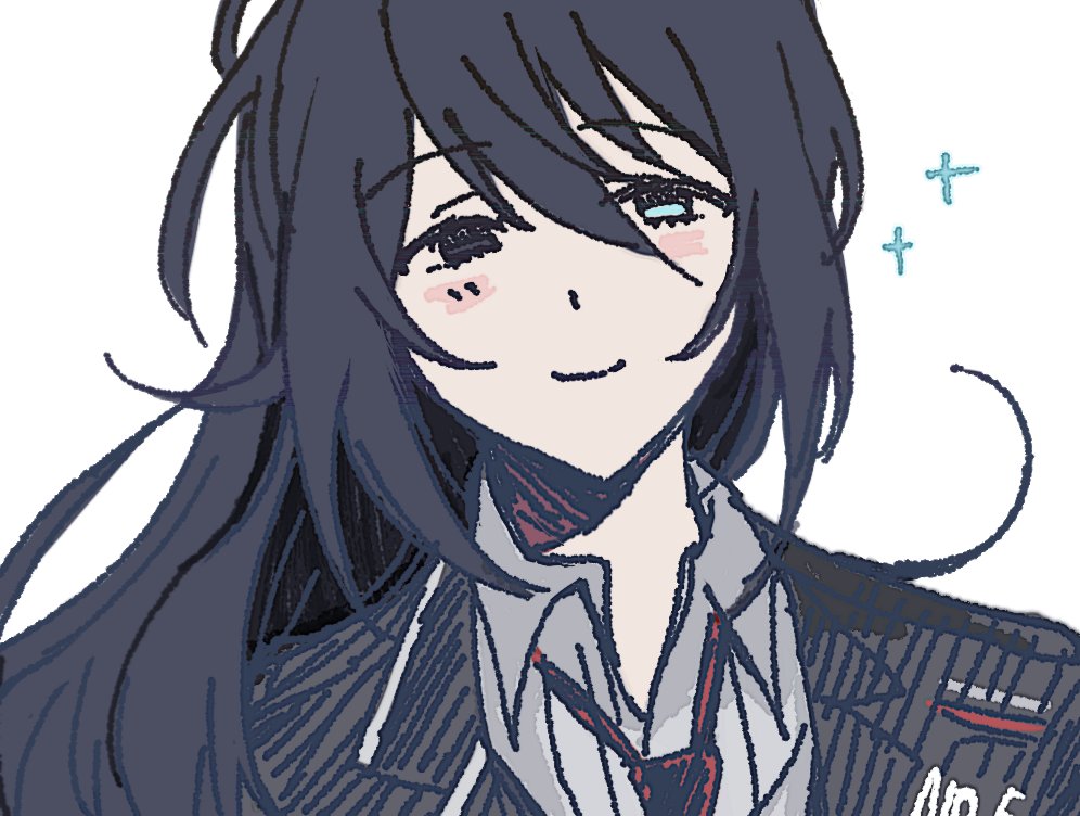 hong lu (project moon), limbus company, project moon, 1boy, black coat, black eyes, black hair, blue eyes, coat, collared shirt, heterochromia, high ponytail, long hair, looking at viewer, male focus, necktie, ponytail, red necktie, shirt, simple background, smile, solo, sparkle, upper body, white background, white shirt, zhugemind