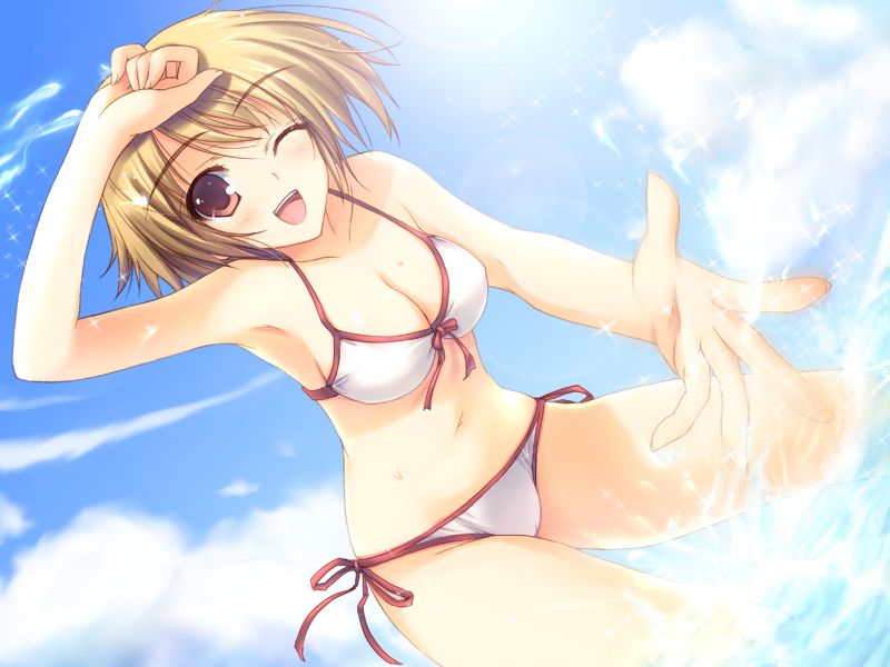 tomose shunsaku, sasazuka miyako, alice soft, double teacher life, game cg, 1girl, bikini, breasts, brown eyes, brown hair, cleavage, cloud, day, female focus, front-tie top, lens flare, medium breasts, one eye closed, open mouth, short hair, side-tie bikini bottom, sky, smile, solo, splashing, sun, swimsuit, water, white bikini, wink