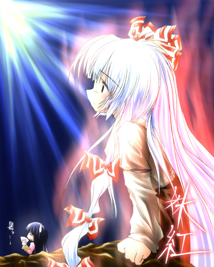 fujiwara no mokou, houraisan kaguya, touhou, silver hair, 2girls, bow, female focus, from side, hair bow, light rays, long sleeves, multi-tied hair, multiple girls, multiple hair bows, profile, red bow, suspenders, upper body