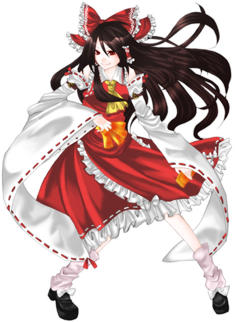 himeka, hakurei reimu, touhou, bad id, bad pixiv id, 1girl, ascot, black hair, brown eyes, collar, detached sleeves, female focus, frills, full body, hair tubes, legs apart, loafers, long sleeves, looking to the side, ponytail, ribbon-trimmed sleeves, ribbon trim, shoes, sidelocks, solo, standing