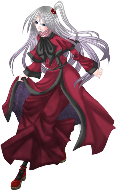 himeka, shinki (touhou), mystic square, touhou, touhou (pc-98), silver hair, 1girl, ankle boots, blue eyes, boots, bow, bowtie, capelet, dress, female focus, full body, green bow, green bowtie, hair bobbles, hair ornament, long hair, long sleeves, red dress, simple background, smile, solo, white background