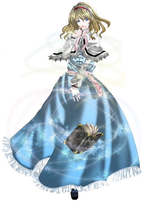 himeka, alice margatroid, touhou, 1girl, blonde hair, blue eyes, capelet, female focus, frills, looking at viewer, puppet strings, short hair, simple background, solo, string, white background