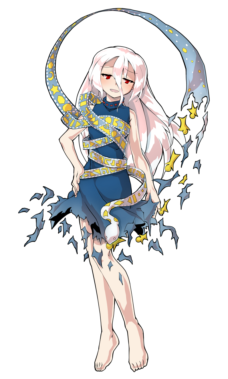dairi, yuiman asama, fossilized wonders, touhou, commentary request, highres, large variant set, variant set, 1girl, alphes (style), barefoot, blue dress, blush, breasts, crescent, dress, eye of providence, full body, grey hair, hair between eyes, hand on own hip, long hair, long hair between eyes, parody, play button, red eyes, ribbon around body, sleeveless, sleeveless dress, snake, solo, style parody, tachi-e, torn clothes, torn dress, transparent background, triangle
