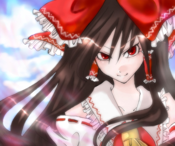 himeka, hakurei reimu, imperishable night, touhou, 1girl, ascot, black hair, bow, collar, evil smile, female focus, frills, hair bow, hair tubes, long hair, looking at viewer, red bow, red eyes, sidelocks, smile, solo
