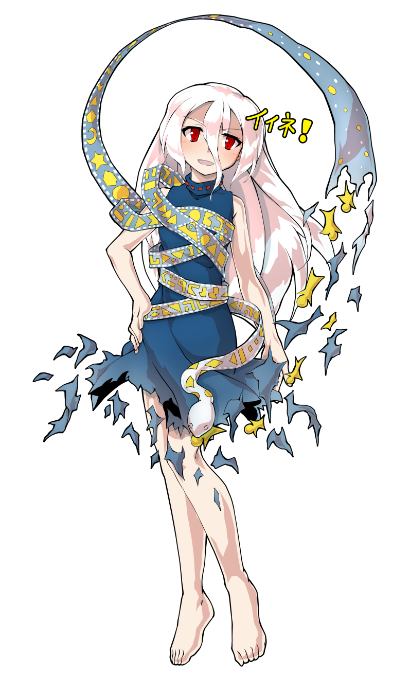 dairi, yuiman asama, fossilized wonders, touhou, commentary request, highres, large variant set, variant set, 1girl, alphes (style), barefoot, blue dress, blush, breasts, crescent, dress, eye of providence, full body, grey hair, hair between eyes, hand on own hip, long hair, long hair between eyes, parody, play button, red eyes, ribbon around body, sleeveless, sleeveless dress, snake, solo, style parody, tachi-e, torn clothes, torn dress, transparent background, triangle