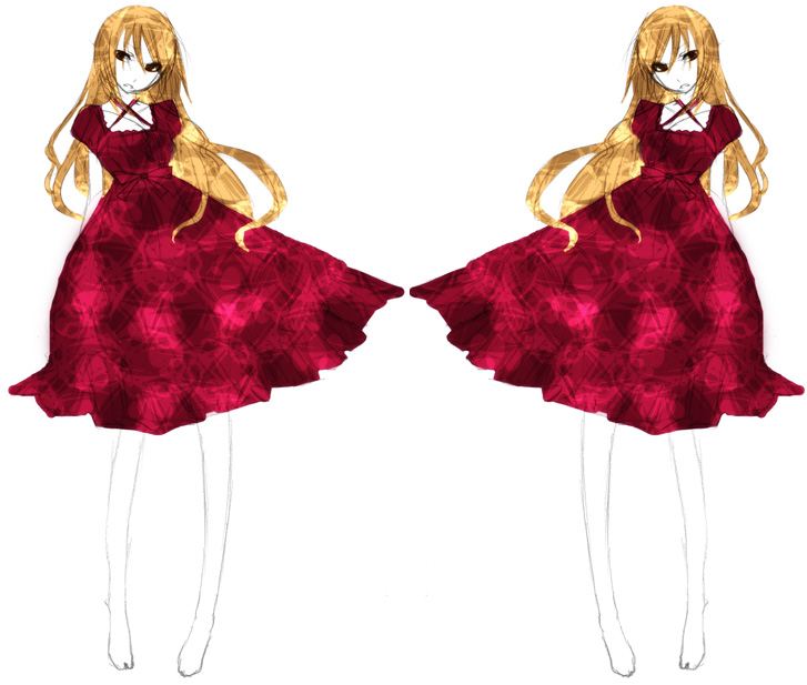 himeka, 1girl, barefoot, blonde hair, dress, full body, long hair, red dress, short sleeves, simple background, symmetry, white background