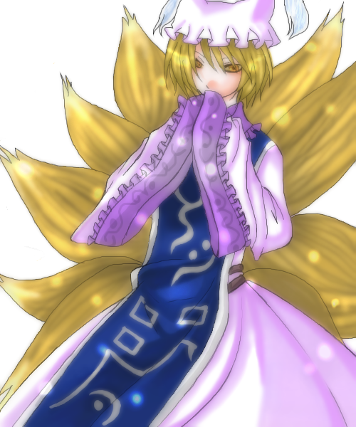 himeka, yakumo ran, touhou, 1girl, animal hat, blonde hair, dress, female focus, frills, hands in opposite sleeves, hat, long sleeves, looking at viewer, mob cap, short hair, sleeves past wrists, solo, standing, tabard, tassel, white dress, wide sleeves, yellow eyes
